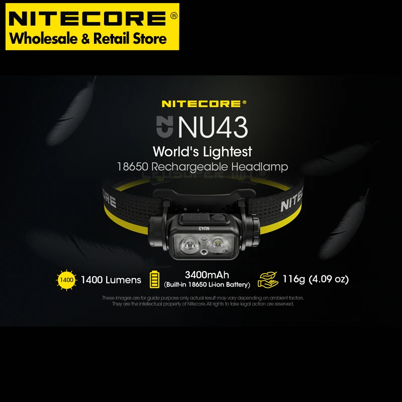 1400 Lumens NITECORE NU43 Lightweight USB-C Rechargeable Headlamp Built-in 3400mAh Li-ion Battery