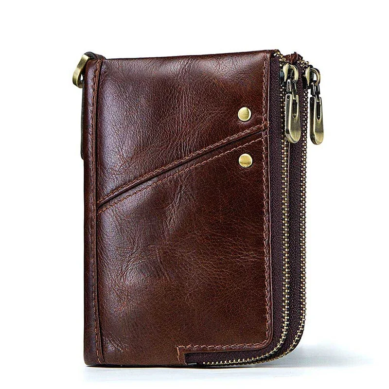 

RFID Card Holder Wallet Men Genuine Leather Small Money Bag Luxury Double Zipper Coin Pocket Quality Male Clutch Carteira Case