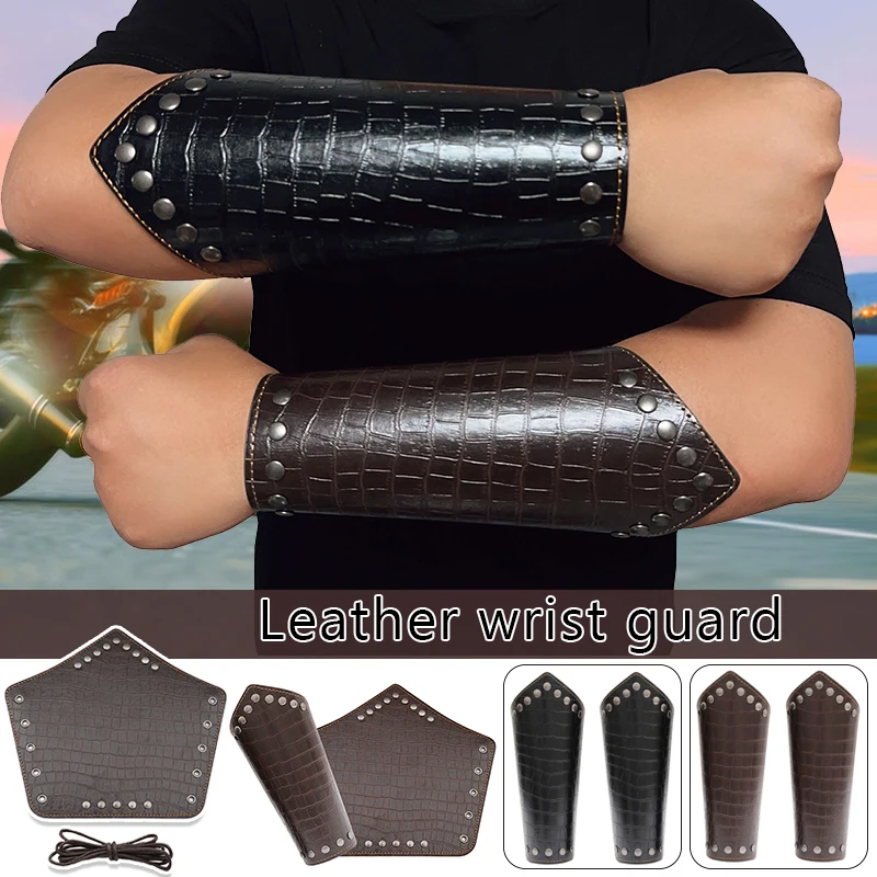 

2Pc Men Medieval Cosplay Leather Armor Arm Lace-Up New Pirate Knight Punk Rivet Gauntlet Wristband Bracer Accessories