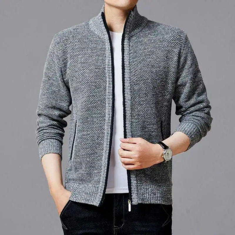 Trend Autumn Winter Men's Stand Collar Fashion Zipper Knitted Cardigan 2023 Male Clothes Long Sleeve All-match Sweaters Coat