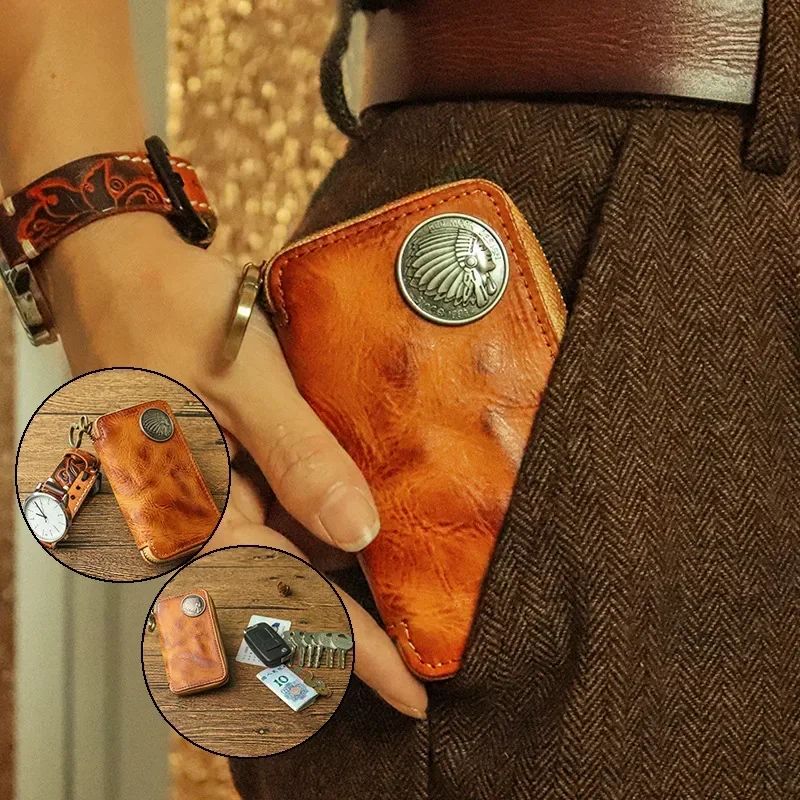 Key Case Key Holder Key Organizer Key Purse Key Protector Genuine Leather Key Wallet Men Car Key Holder Zipper Case Top Quality Male Man Housekeeper Waist Hanging Keys Organizer