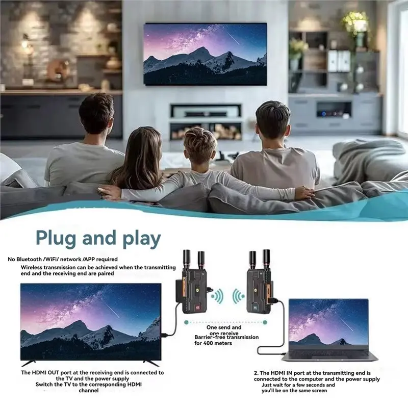 오디오 카메라 PC 4K 프로 무선 호환 익스텐더 400M 5G 듀얼 HD 비디오 송수신기 (TV 모니터용)