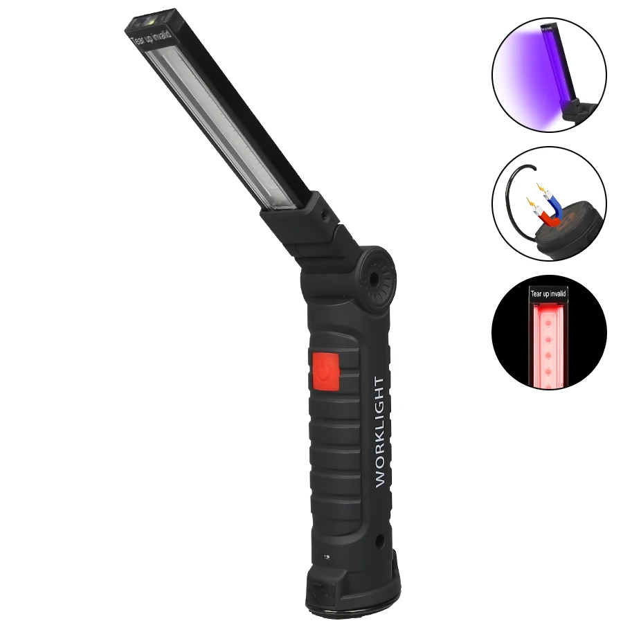 395 nm UV-Taschenlampe, 5 Modi, Schwarzlicht-Taschenlampe, wiederaufladbare USB-Arbeitsleuchte mit rot-weißem Notfall-Taschenlampe für den Außenbereich – Detail 1