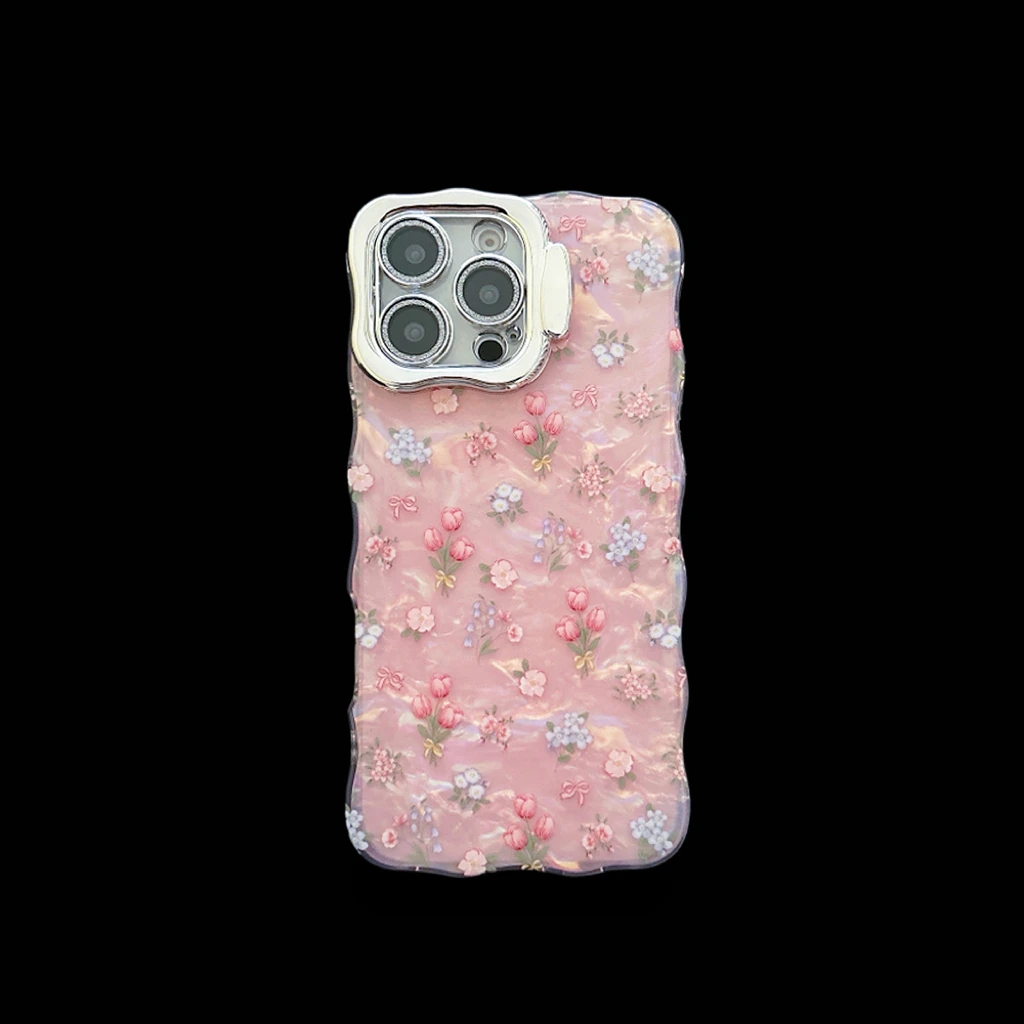 Chic Tulips Pattern Phone Case with Glossy Waving Frame and Kickstand