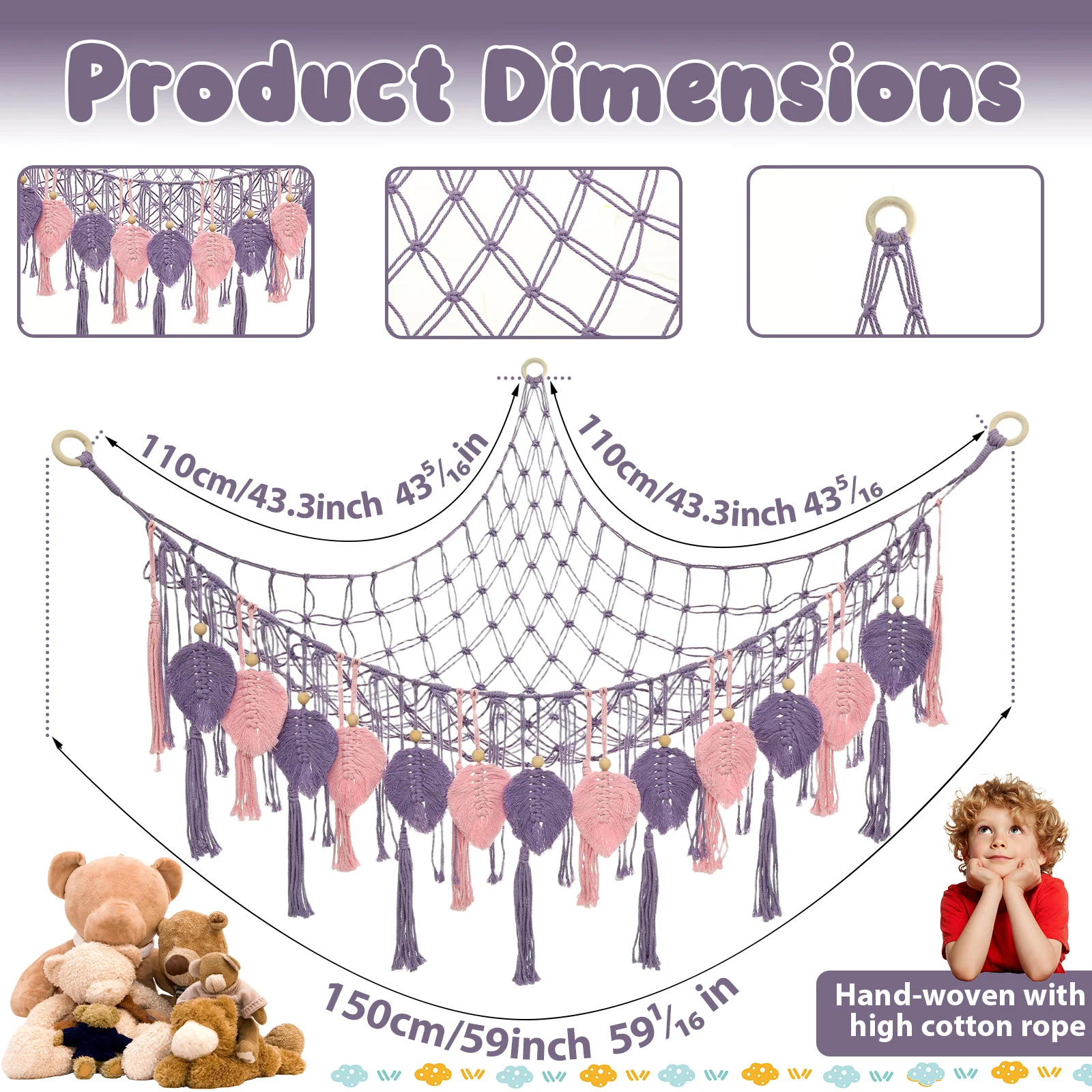 Hamak na zabawki Duży, pluszowy hamak dla zwierząt z ręcznie plecionymi frędzlami w kształcie liści, dekoracja do domu, narożny organizer do przechowywania zabawek