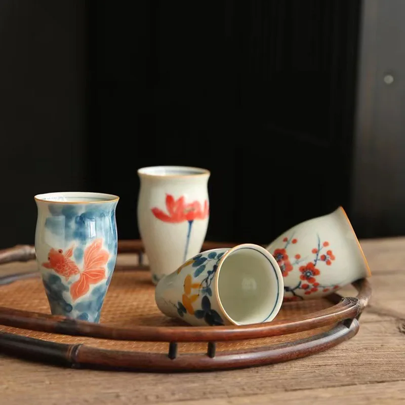 50ml Hand-painted Ceramic Tea Cup, Underglaze Color, Koi and Lotus Flowers, Fragrant Cup, Antique Style Wine Master Cup