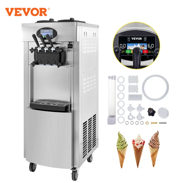 Machine à glaces molles VEVOR grande capacité 20-28L/H, puissance 2200W, double trémie de 6 litres avec panneau LCD pré-refroidi et plateau à œufs 1