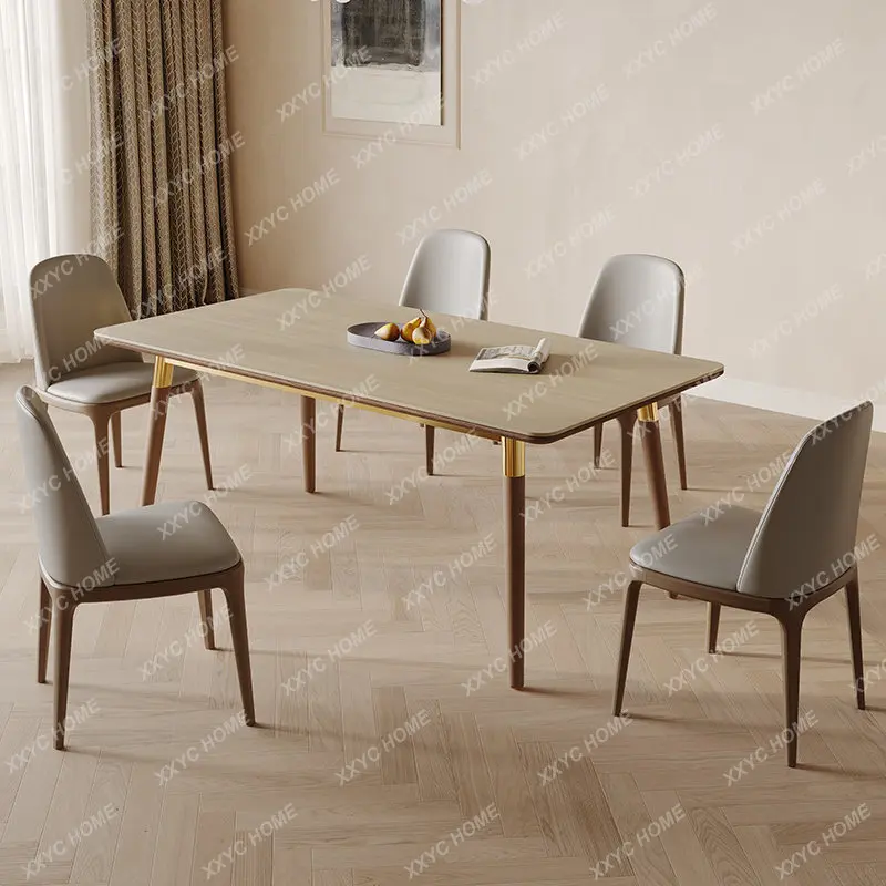 

Solid Wood Dining Table Modern Simple and Light Luxury Rectangular Stone Plate Table and Chair Combination Dining Table