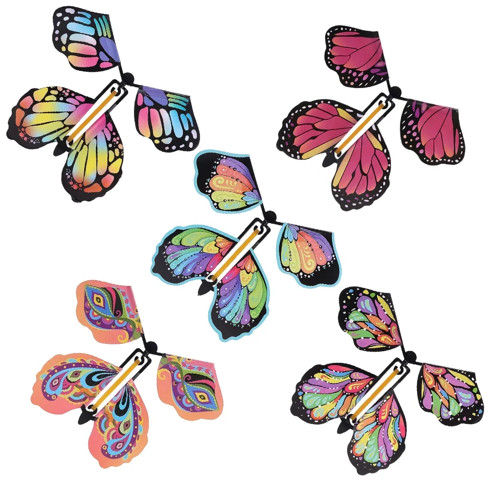 Mariposa voladora de cuerda mágica para niños, juguete de hada mágica, tarjeta de felicitación, sorpresa, banda de goma, 5 piezas