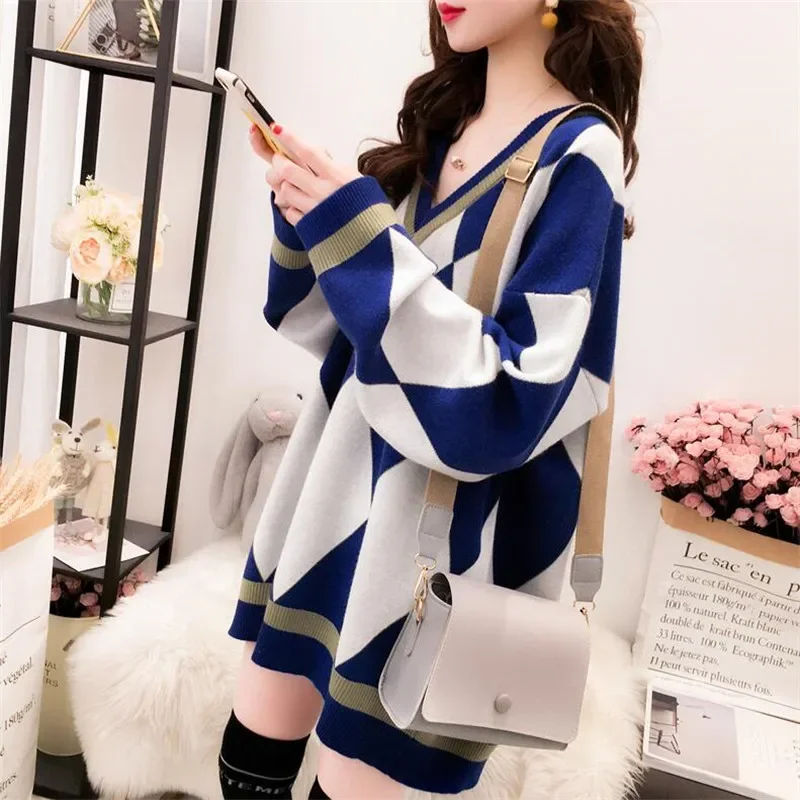 

Woman Diamond Plaid Sweater Female 2024 Autumn Winter Korean Knitted Pullover Tops Hot Sale Outwear Oversized V-neck Loose Body