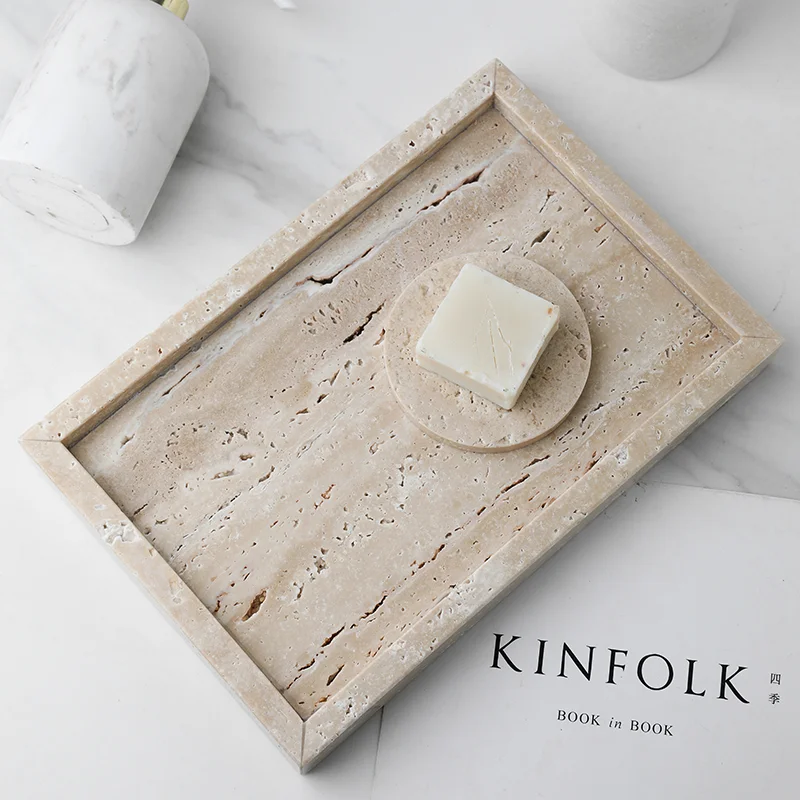Minimalism Marble Tray for Perfume Candles Jewelry Travertine Stone Vanity Tray for Dresser Countertop Coffee Table Serving 4