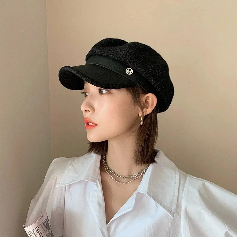 Hat Female Beret Autumn And Winter Tide British Retro Letter Striped Octagonal Newsboy Painter