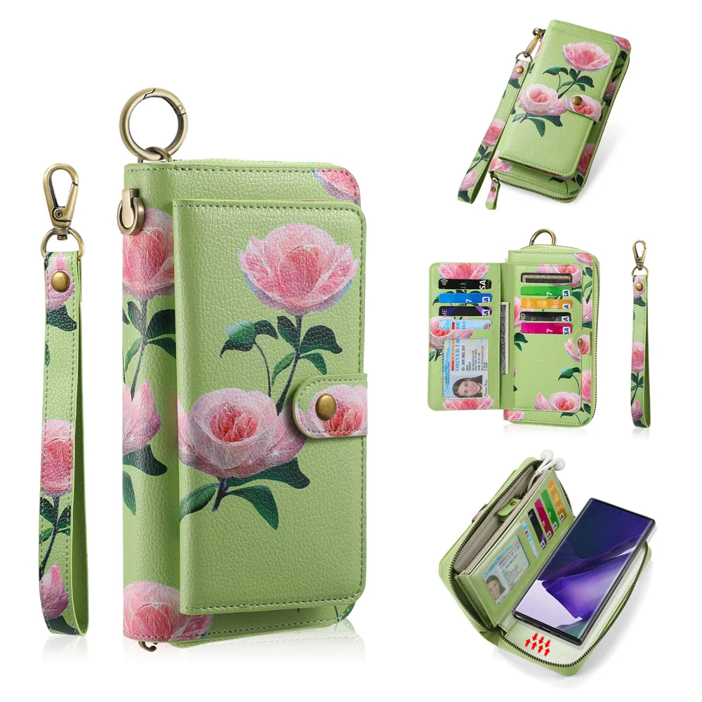 

Luxury Flower Pattern Zipper Purse Wallet Case for Samsung Galaxy Note 20/Note 20 Ultra Wrist Strap Detachable Leather Phone Bag