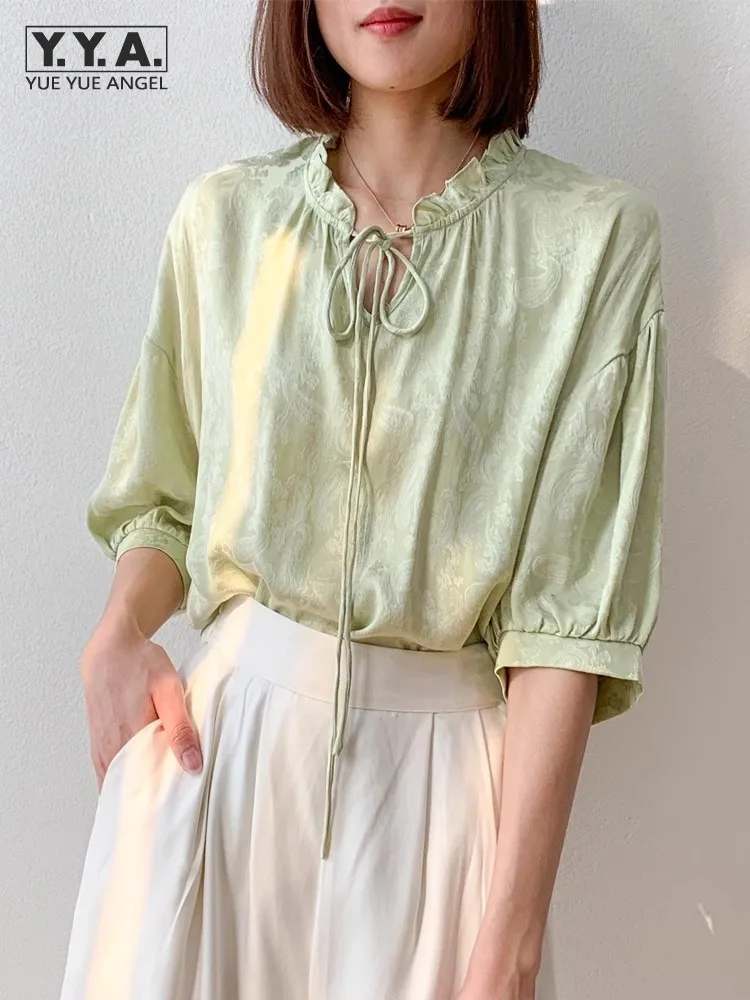

Vintage Elegant Women Silk Shirt Lantern Sleeve Loose Fit Casual Blouses Spring Summer Office Lady Stand Collar Pullover Shirts