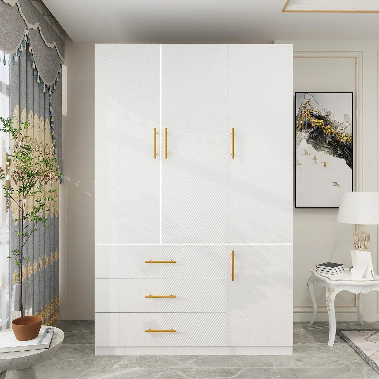 Tall Armoire Wardrobe Closet: 3 Door 3 Drawers White Bedroom Armoires Wood Wardrobe Cabinet Freestanding Large Closet w