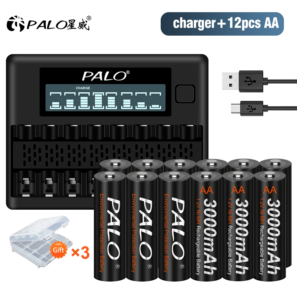 

PALO 1.2V AA Rechargeable Battery AA 3000mAh NI-MH Battery And LCD Battery Charger For 1.2V AA AAA NI-MH Rechargeable Batteries