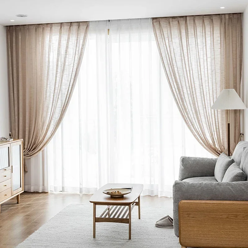 BILEEHOME Brown Thick Linen Sheer Curtains Japanese Style Window Tulle Curtains for Bedroom Living Room Kitchen Finished Drapes