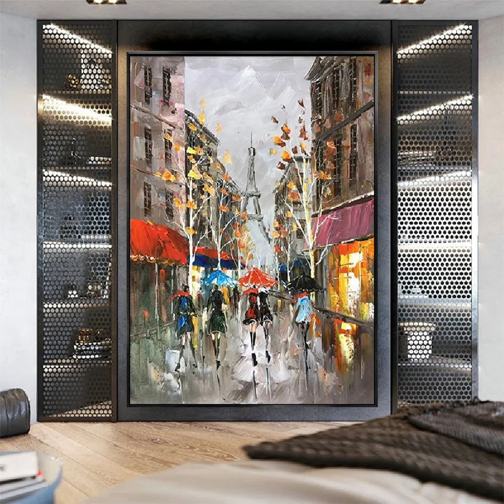 

100% Handmade Oil Painting Abstract Street Scene Romantic Paris Tower Art Wall Decor Picture Custom Mural For Living Room Sofa