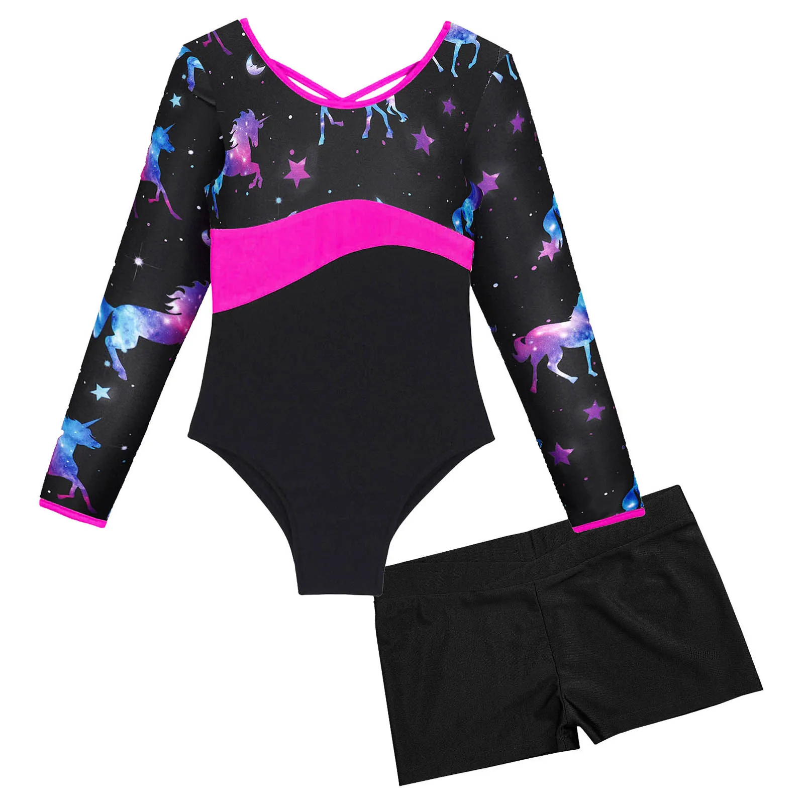 Kids Long Sleeve Gymnastics Leotards with Shorts Dancewear Sets for Yoga Athletic Biketard Jumpsuit Girls Ballet Dance Outfits