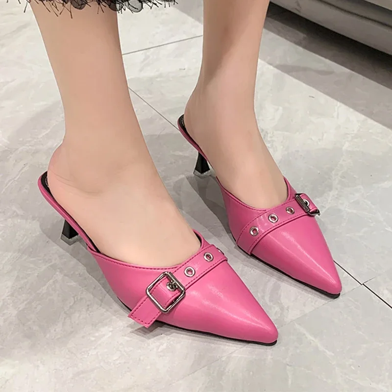 

Pointed Toe Women Rose Pink Party Slippers Pumps Shoes Autumn Sexy Mid Heels Shoes 2024 New Fashion Women Cozy Slingback Zapatos