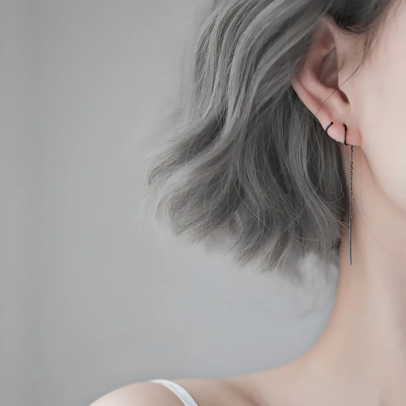Creative Style Black Color Geometric Circle Ear Line Chain Drop Earrings Long Tassel Design Earrings For Fashion Women Girl Gift