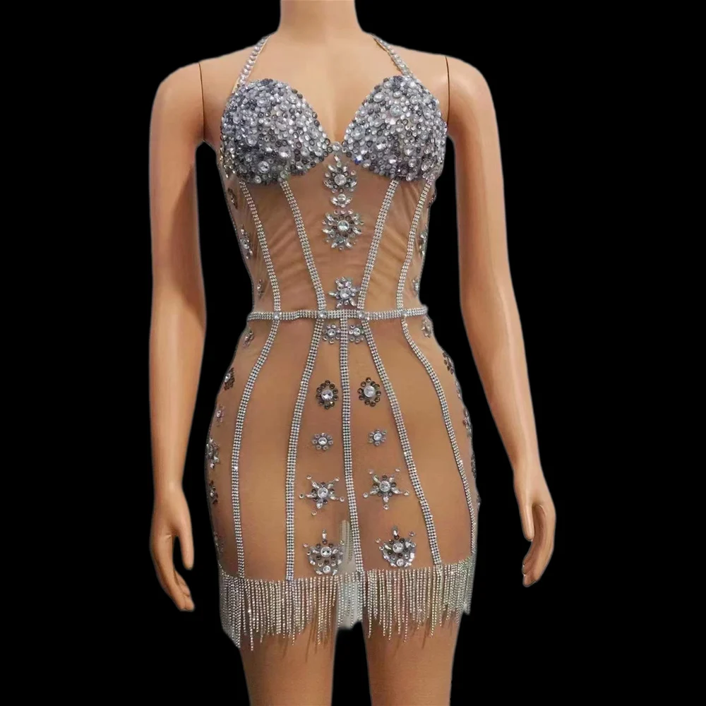 

Halter Belt Backless Sexy Nude Shining Crystal Rhinestones Tassel Dress For Women Nightclub Party Cloth Stage Singer Costumes