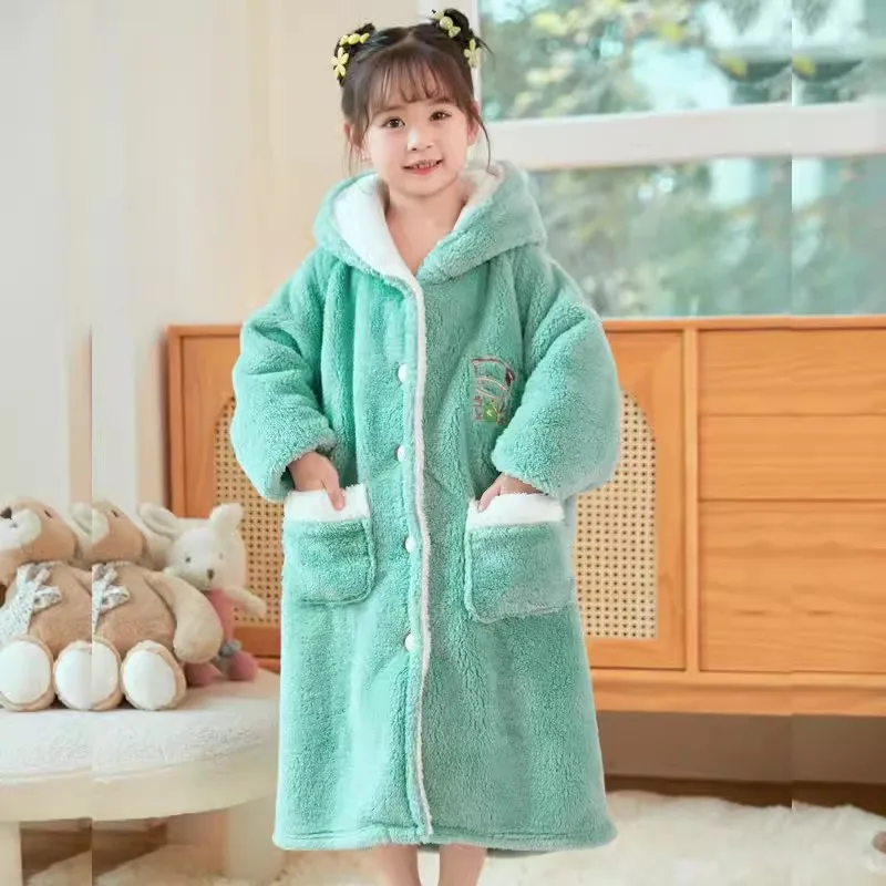 Fashion Hooded Sleepwear for Boys Winter Teenage Thicken Warm Bathrobes Kids Girls Cartoon Bear Flannel Lengthen Homewear 8 12 Y