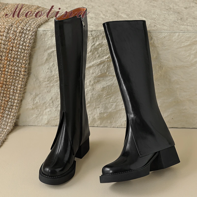 

Meotina Women Genuine Leather Knee High Long Boots Round Toe Chunky High Heels Zipper Gogo Boots Ladies Fashion Shoes Winter 40