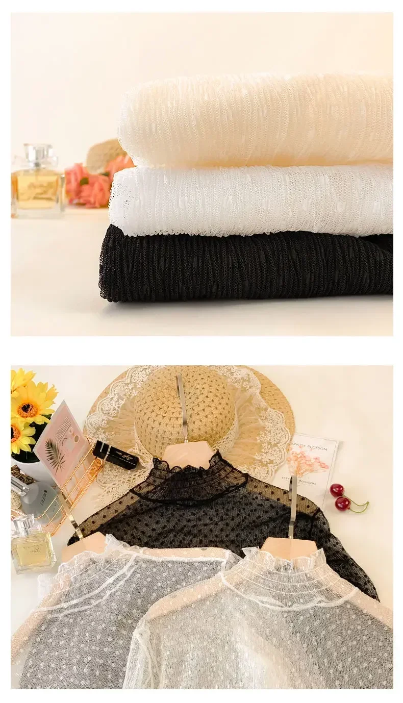 Blusa de verano con cuello alto y malla transparente para mujer, fina, ajustada, con encaje y mangas largas acampanadas