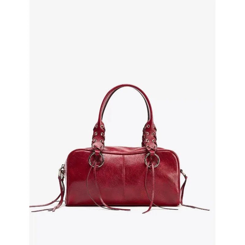 Women Fashion Pu Leather Rivets Tassels Boston Bag Grommet Eyelet Top Handle Handbag Adjustable Long Strap Cross Body Purse