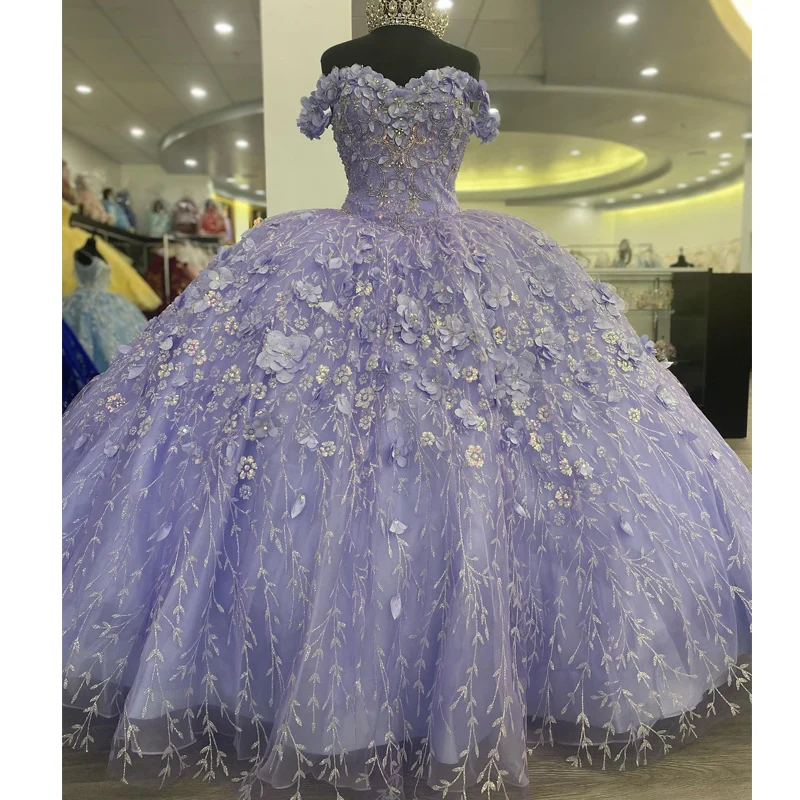 

Lavender Charro Quinceanera Dresses Ball Gown Sweetheart Tulle 3DFlower Beading Floral Puffy Mexican Sweet 16 Dresses 15 Anos