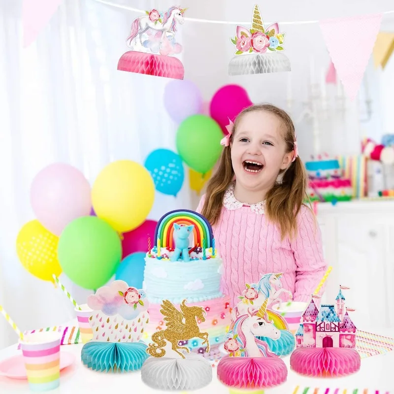 6pz Centrotavola Compleanno Unicorno Bambina Ragazza Centrotavola a Nido D'Ape Decorazione Tavolo Festa Nascita Compleanno Battesimo