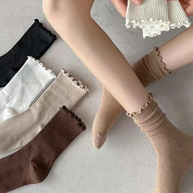 1/6 Pairs/Lot Women's Ruffled Mid Length Socks Breathable Solid Color Set Spring And Autumn Comfort Sweat-absorbing Girls' Socks 2