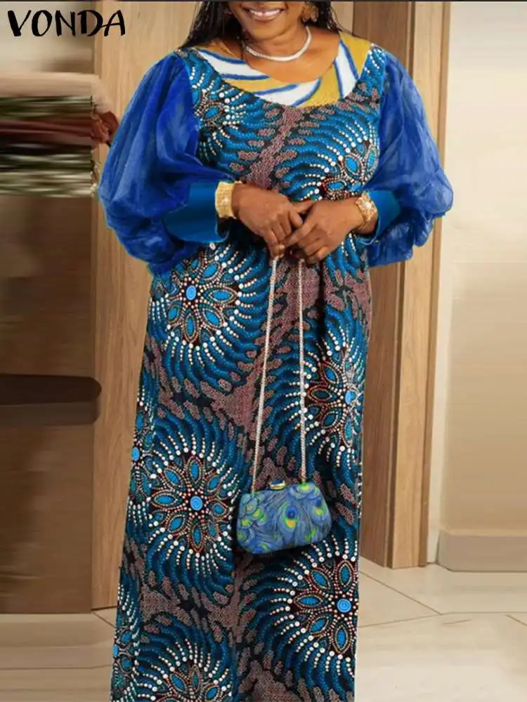 

Plus Size 5XL VONDA Women Elegant Dress 2023 Bohemian Long Lantern Sleeve Mesh Patchwork Maxi Sundress Casual Printed Vestidos