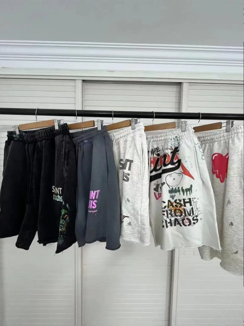 2024NOW Summer SAINT LOUIS Vintage Sketch Saint Louis Washed Shorts Men Women Knitted Drawstring Shorts