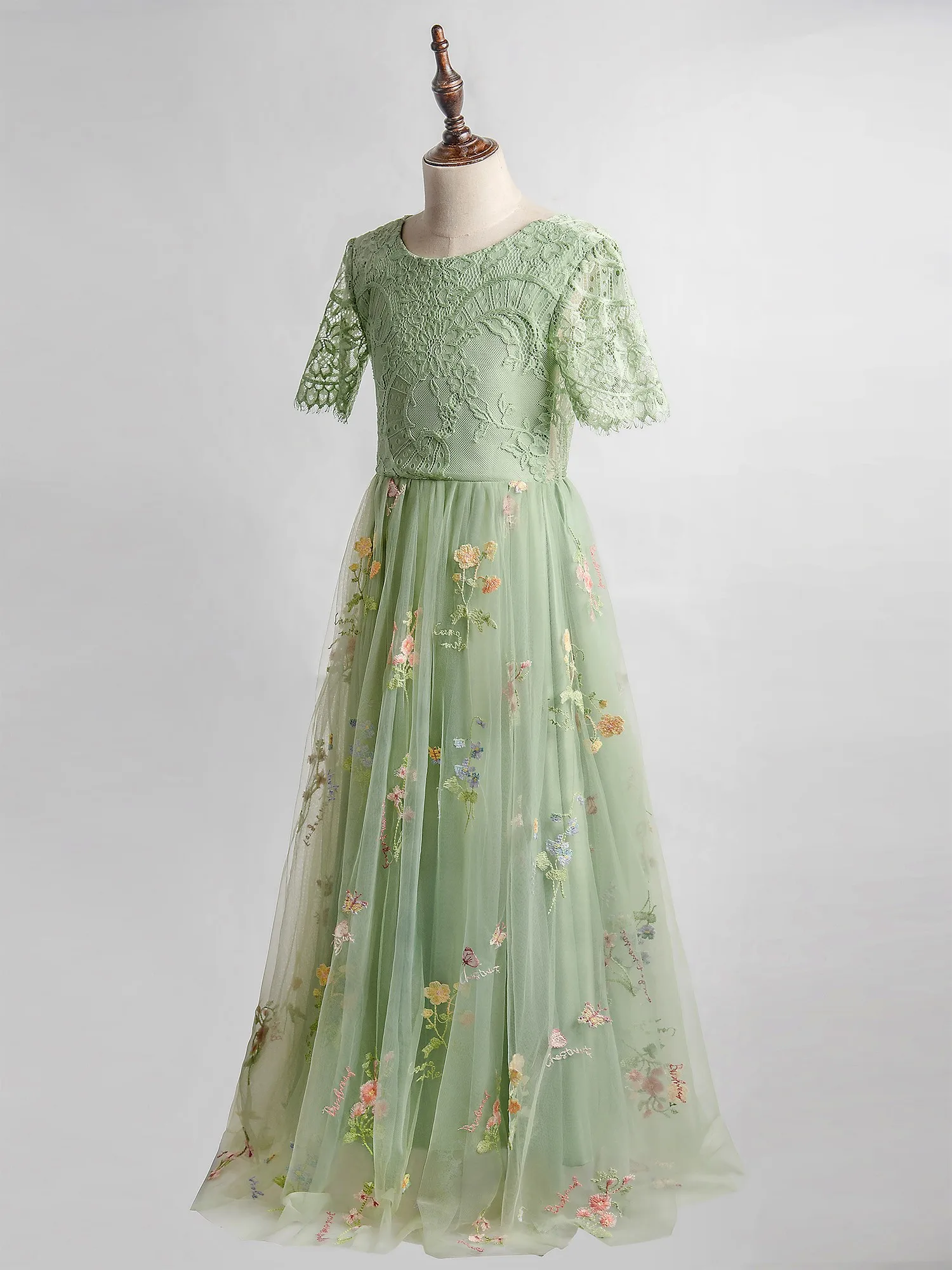 Green-Floral-Embroidered-Flower-Girl-Dress-Lace-V-back-With-Scalloped ...