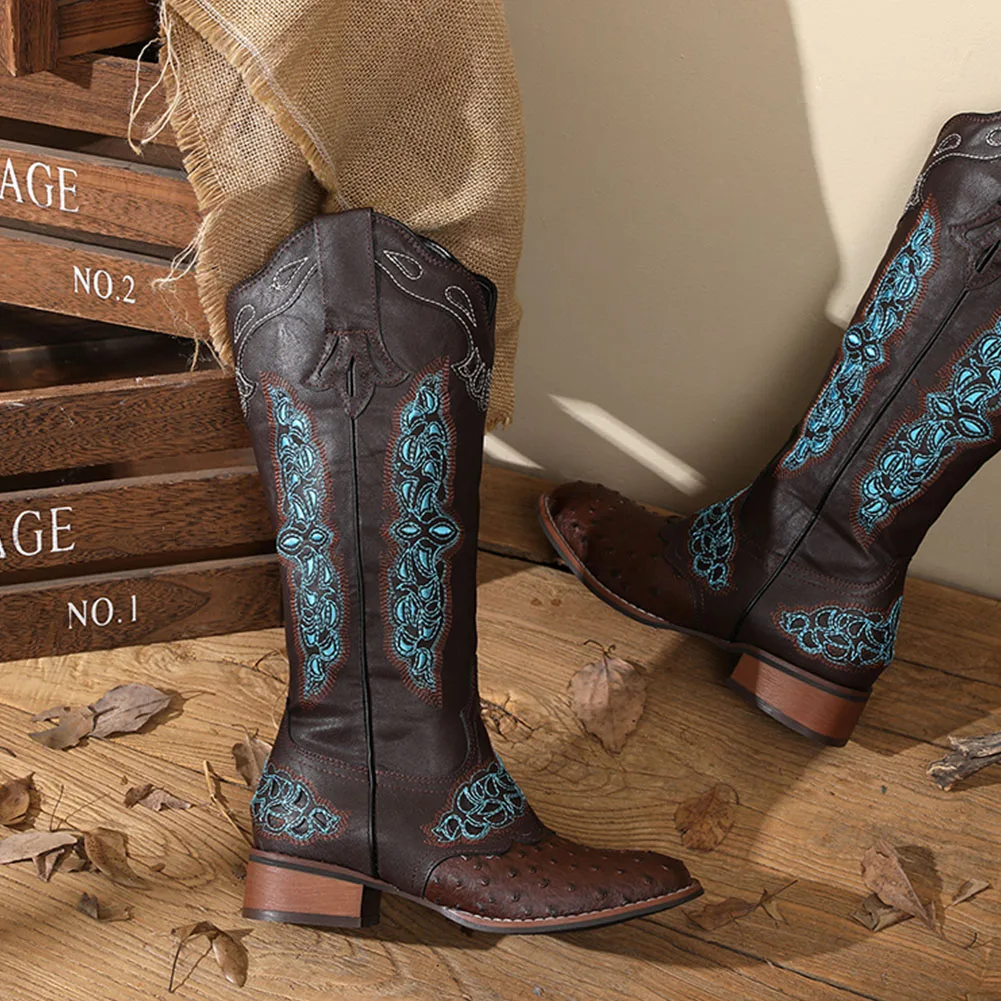 AOSPHIRAYLIAN Western Cowboy Patchwork Sewing Floral Boots For Women 2023 Knee High Retro Cowgirl Riding Women's Shoes Boots