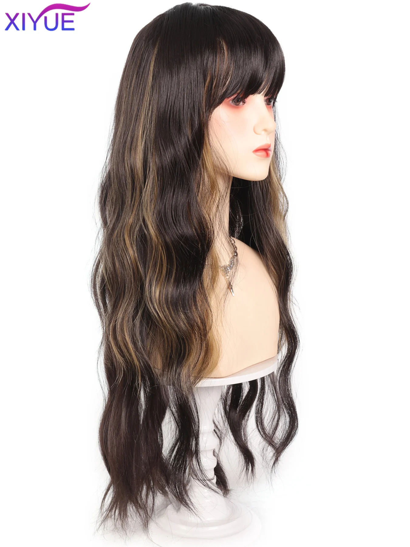 XIYUE Ombre Brown Synthetic Long Wavy Wig with Fluffy Bangs for Women Natural Hair Brown Blonde Highlight Wigs for Daily Cosplay