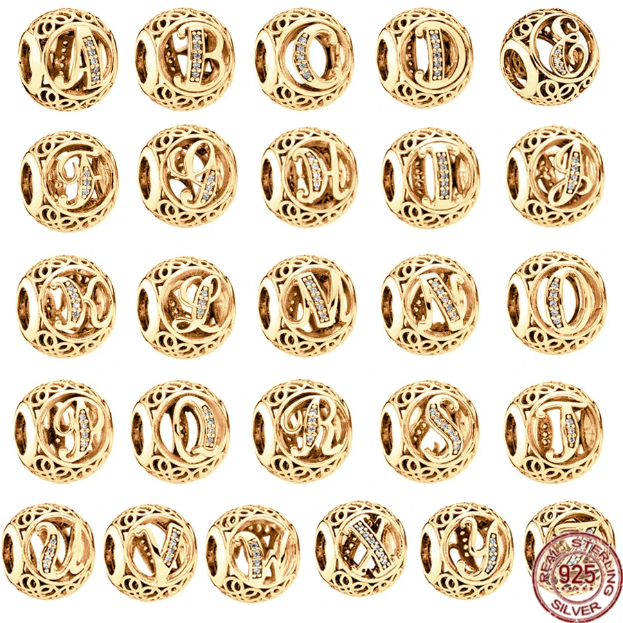 

Hot Sale Gold Plated 26 Alphabet Sphericity Charm Beads 925 Sterling Silver Fit Original Pandora Bracelet Women DIY Jewelry Gift