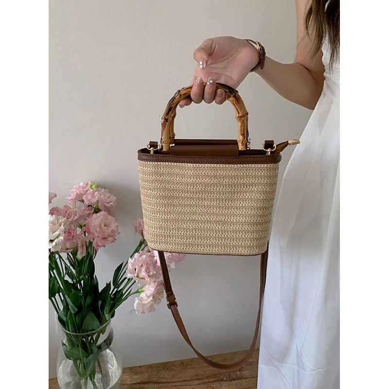 Women Summer New High Quality Woven Bucket Bag Small Crossbody Bag Handheld Straw Bag Unique Design Single Shoulder Bag