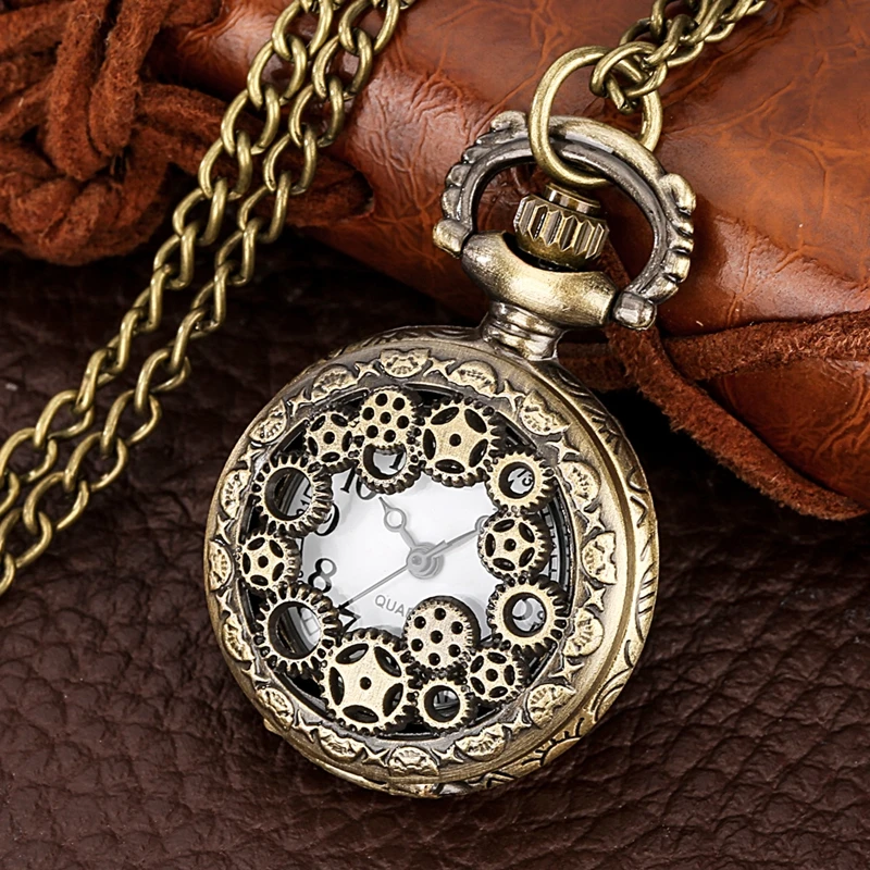 

Lovely Bronze Sculptured Gear Hollow Skeleton Wheel Reel Quartz Pocket Watch Chain Antique Charming Necklace Gifts for Men Women