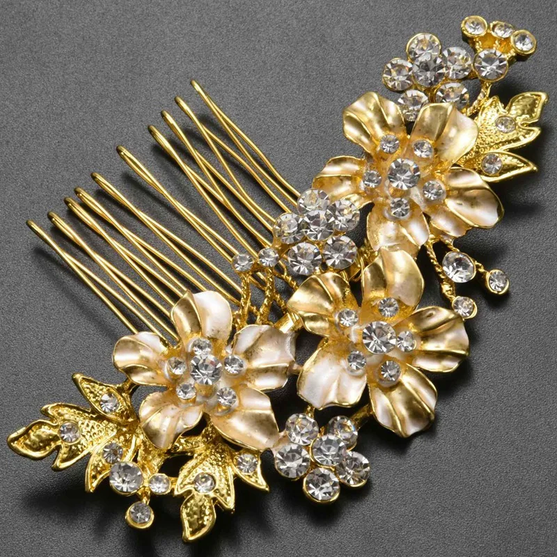 2X Wedding Bridal Hair Combs Vintage Imitation Crystal Hairpins Prom Jewelry Flower Pattern Hair Accessories Women Gold