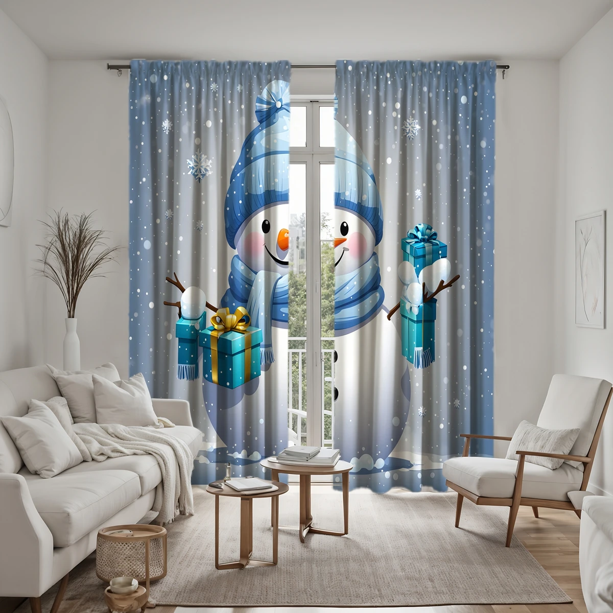 2pcs set HD Christmas gift snowman decoration curtain Blue tie digital printed curtain Home Decoration style Decoration livin 6