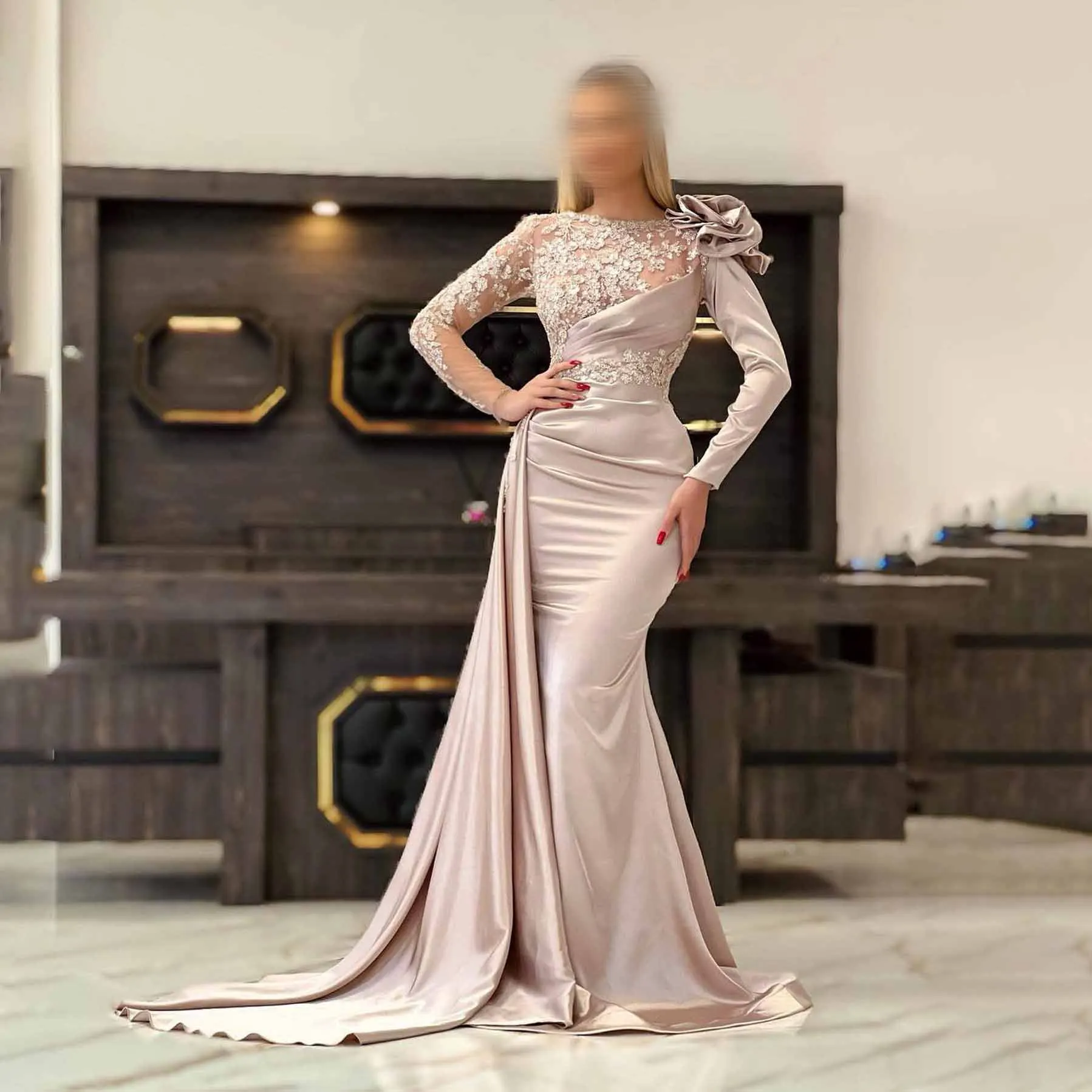 

OEING O-Neck Luxury Formal Evening Dresses Beading Pleat Long Sleeves فساتين سهرة Floor Length Elegant Prom Growns Party Women