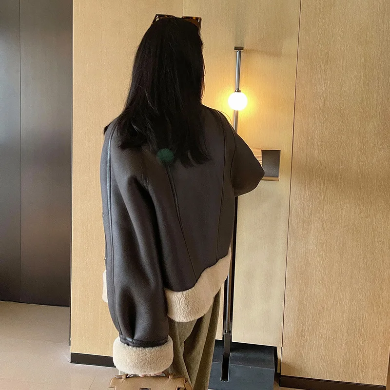 Lady Wool Shearling Leather Jackets Genuine Sheepskin Short Coat Luxury Fashion Overcoat Streetwear 2022 New Winter MH5045L