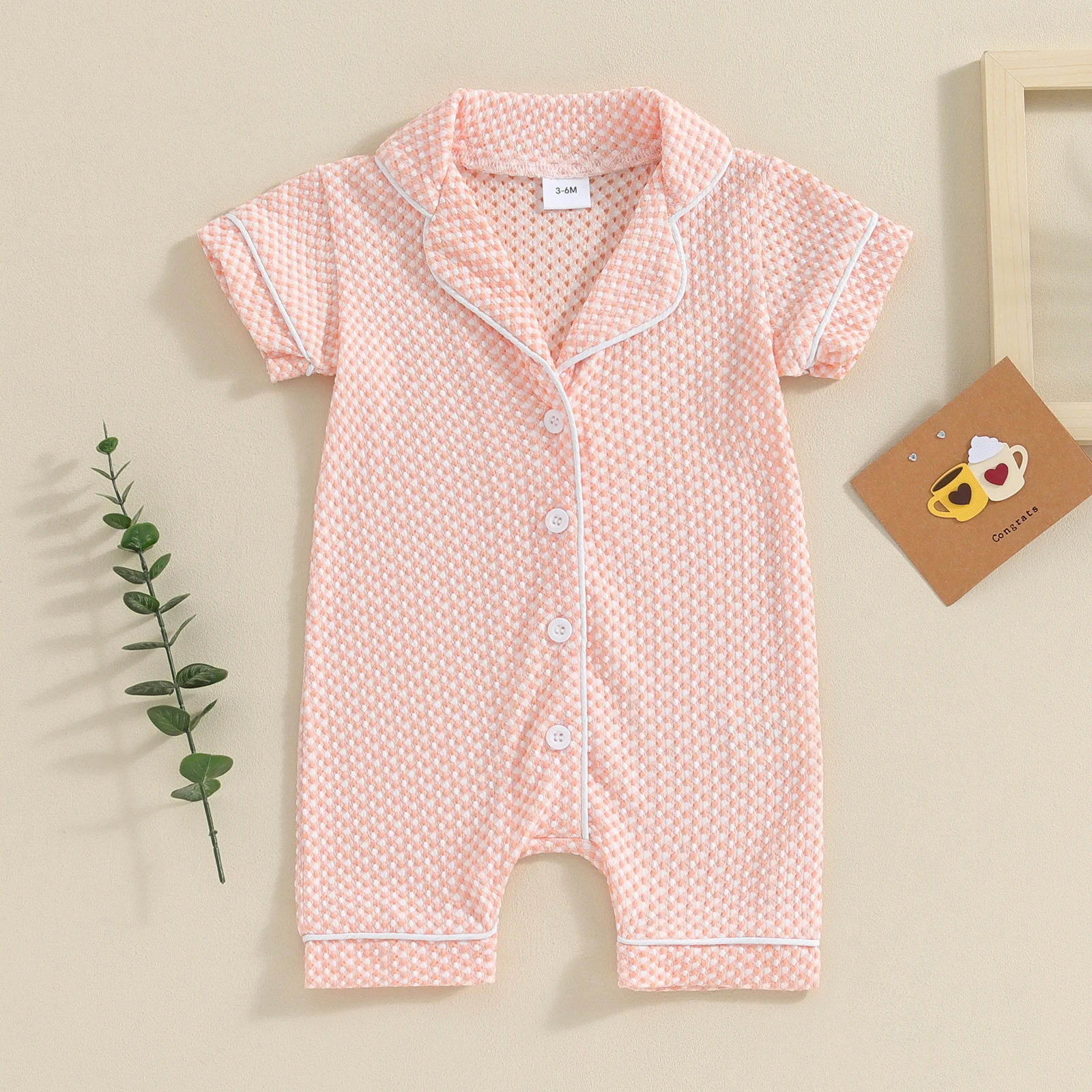 Pudcoco Infant Newborn Baby Boys Girls Jumpsuits Short Sleeve Lapel Collar Button Down Textured Rompers Newborn Pajamas 0-18M