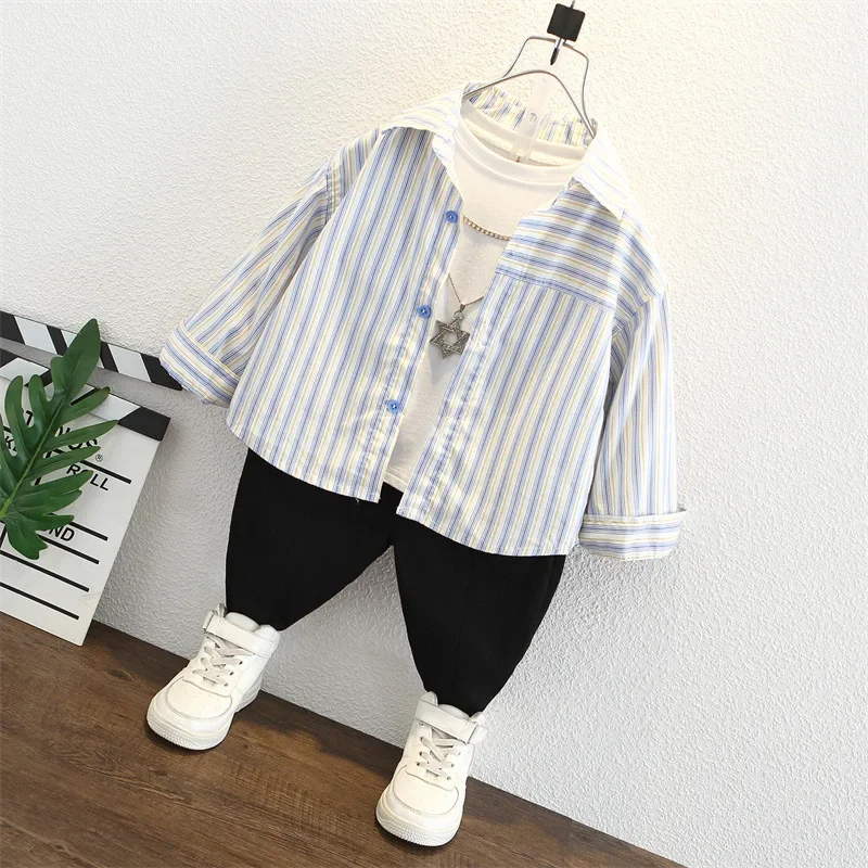 Spring Autumn Boys Shirt Long Sleeve Striped Fashionable Children's Clothing Trendy Streetwear Kids' Tops Chinese Brand AE
