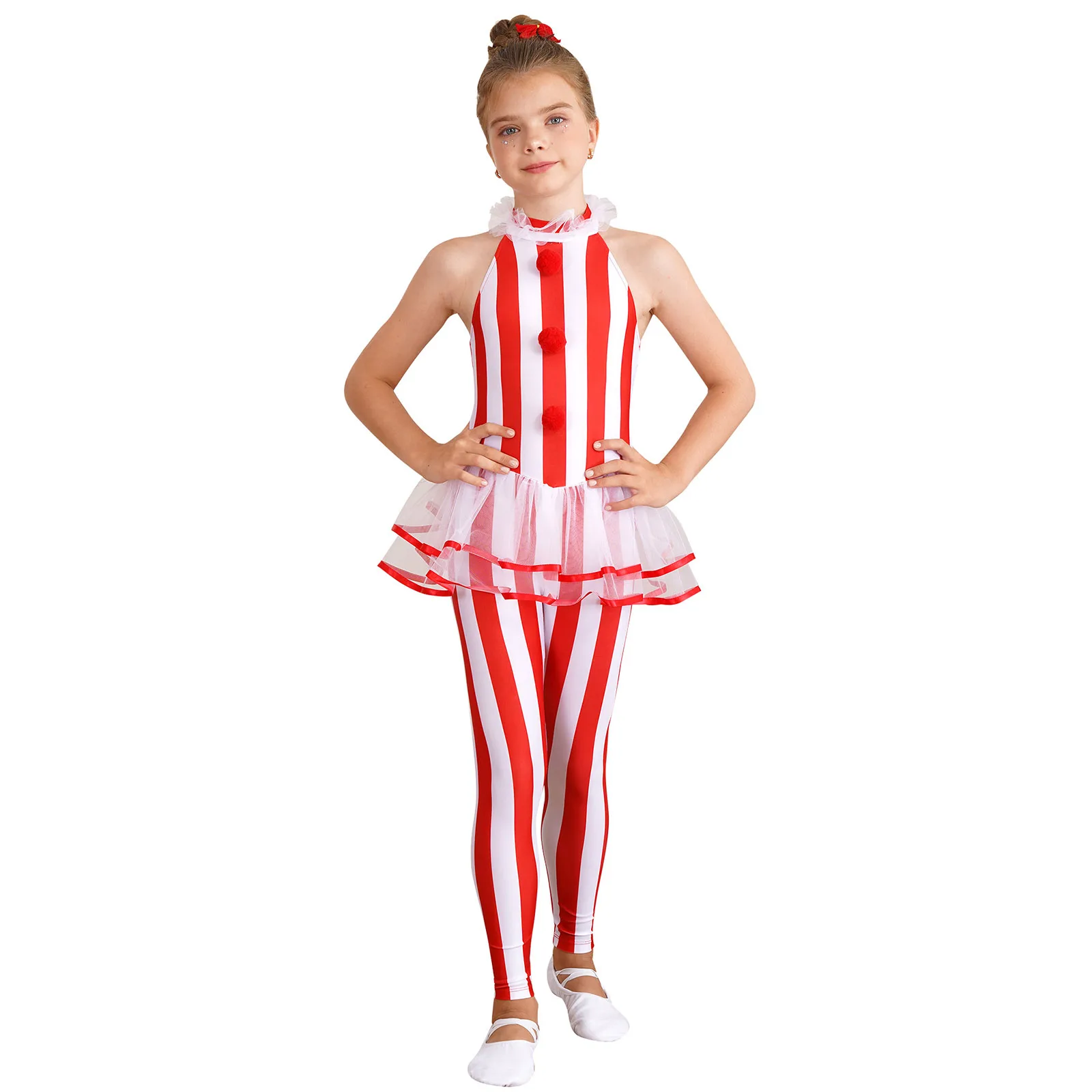 Kids Girls Candy Cane Christmas Dance Body Halter Neck Senza Maniche Stripes Tuta Unitard Xmas Babbo Natale Circus Costumes