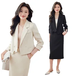Elegant Skirt Suits for Women Long Sleeve Office Korean Casual Two Piece 2024 New Spring Autumn Double Breasted Skirt Suits