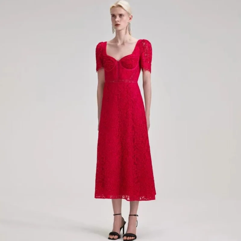 

Women's Summer Sexy Red Lace Slim Fit Long Vintage Dress Luxury Celebrity Style Party Dress